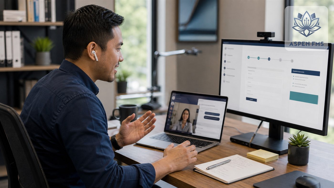 An Aspen FMS support specialist wearing a headset at her workstation