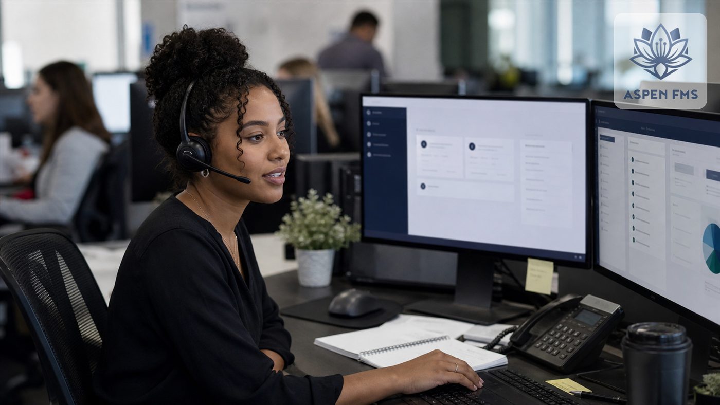 An Aspen FMS support specialist with a headset helping a client from her desk