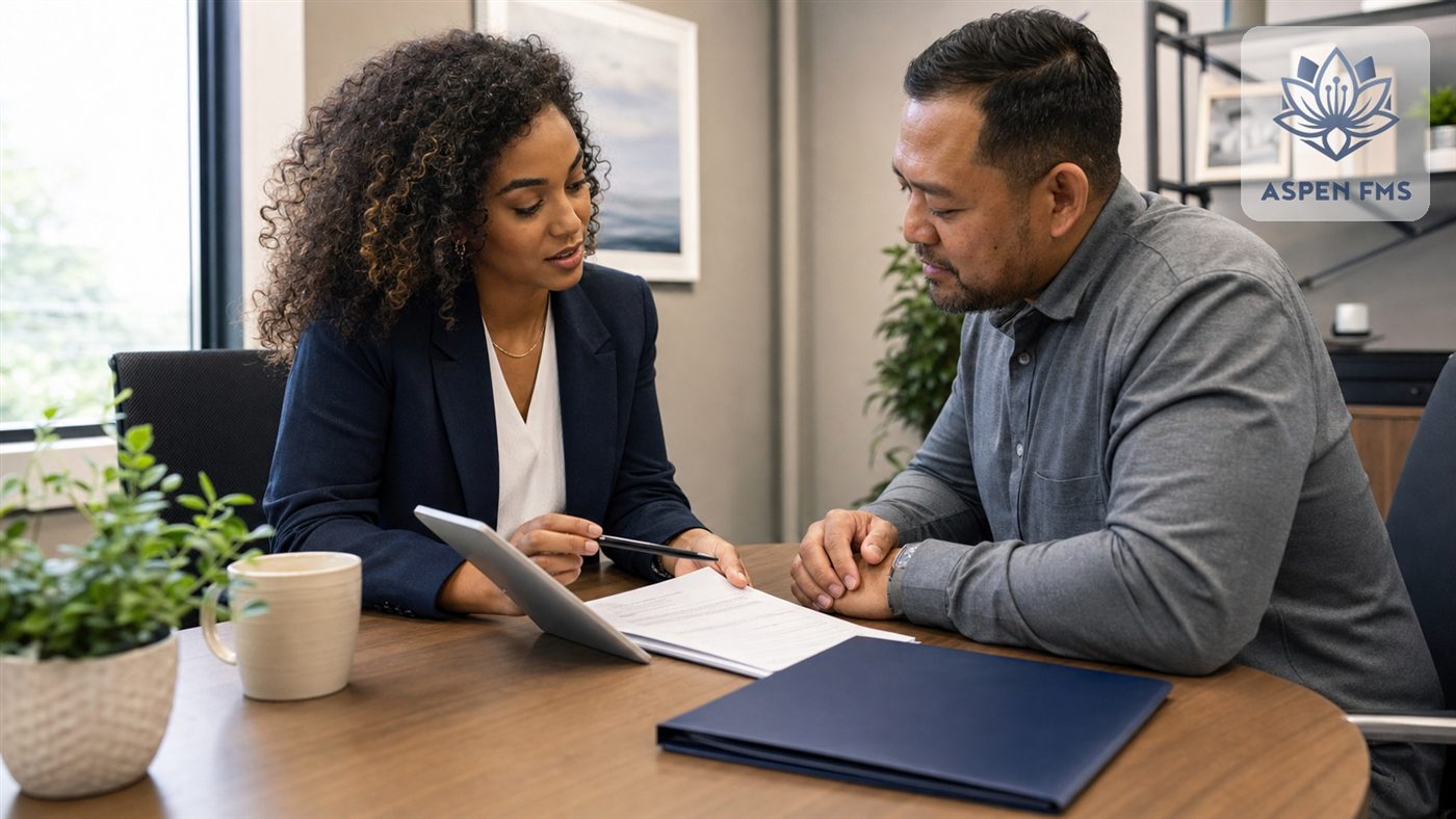 An Aspen FMS advisor reviewing a referral document with a client