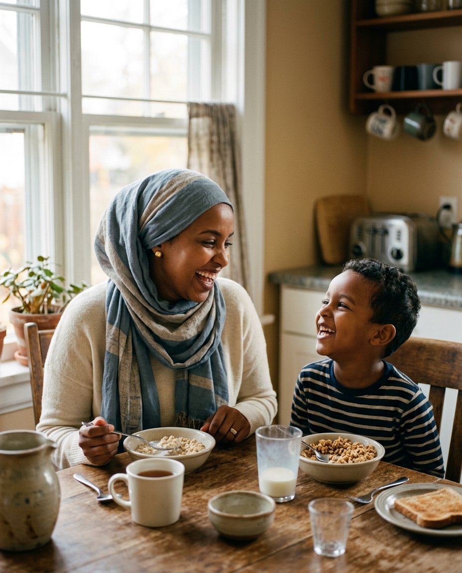 A mother and her young son laughing together over breakfast at their kitchen table