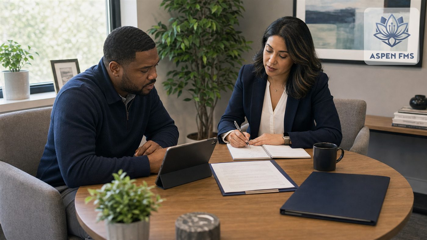 An Aspen FMS advisor and a client reviewing paperwork together at a table