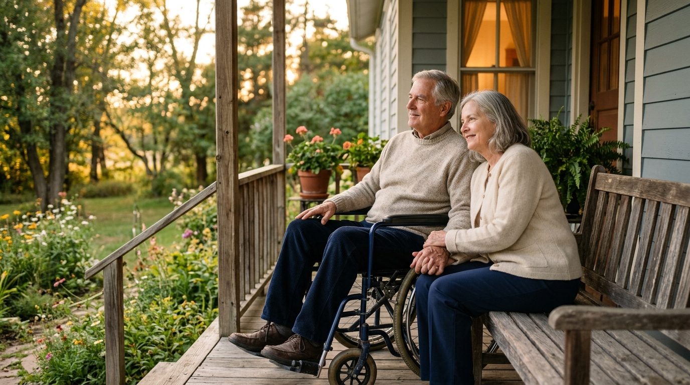 An older couple on their porch at golden hour, one using a wheelchair, hands resting together