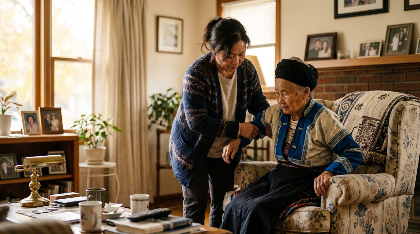 An adult daughter helping her elderly mother settle into an armchair in a warm living room
