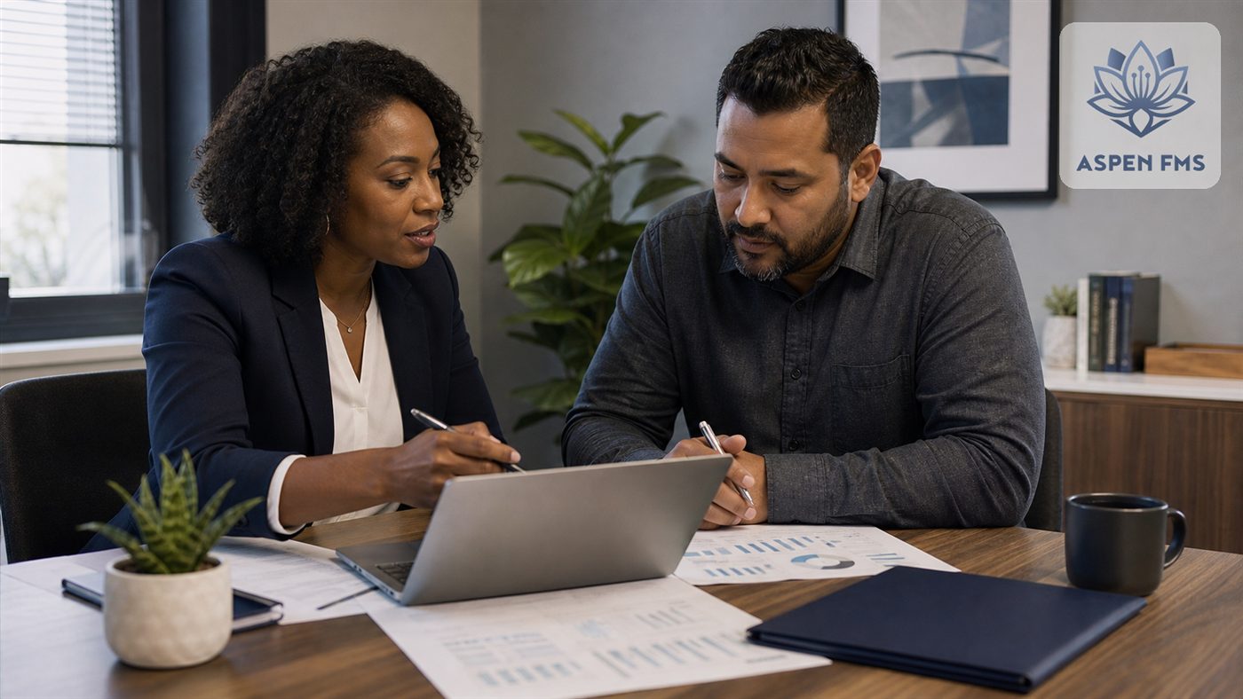 Two Aspen FMS advisors reviewing a plan on a laptop
