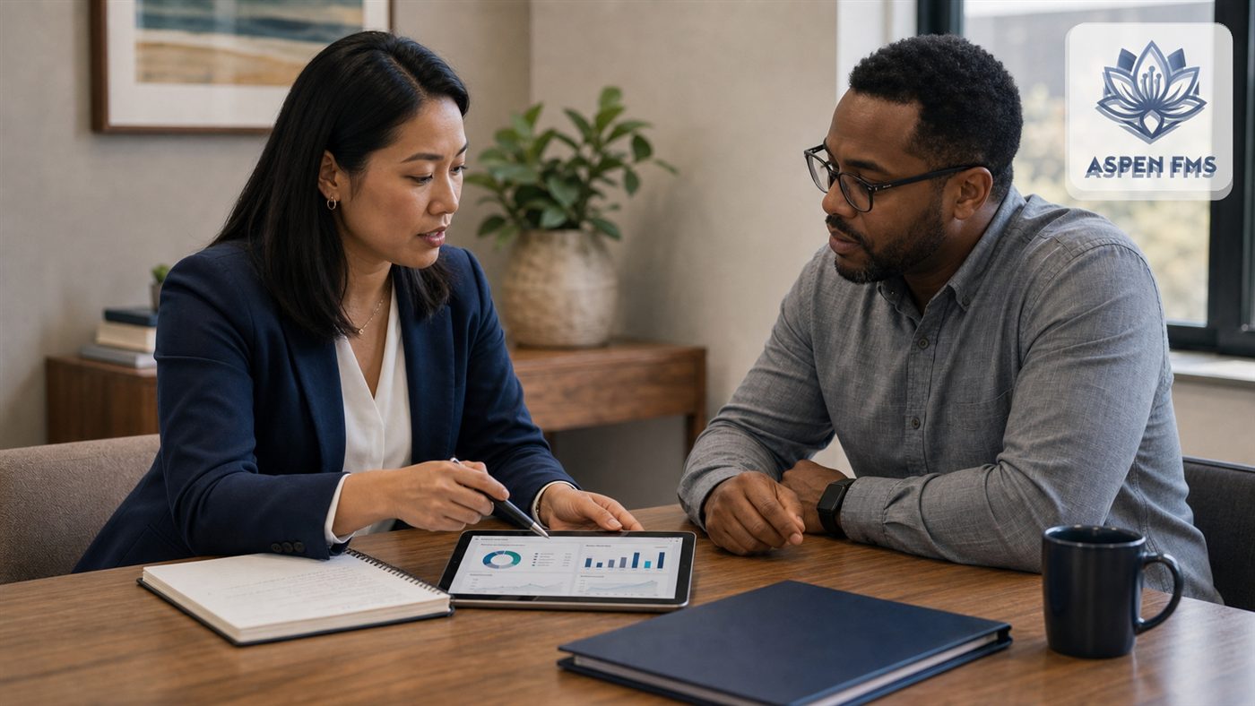 An Aspen FMS advisor showing data on a tablet to a client